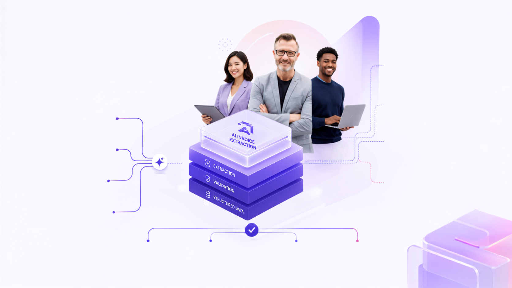 AI invoice extraction flow: capture from any source, extract and validate, deliver to every team and system